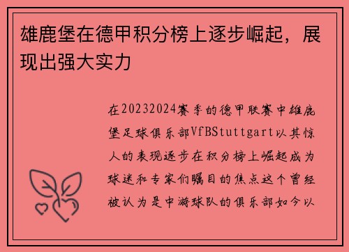雄鹿堡在德甲积分榜上逐步崛起，展现出强大实力