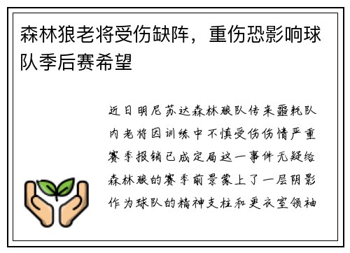 森林狼老将受伤缺阵，重伤恐影响球队季后赛希望